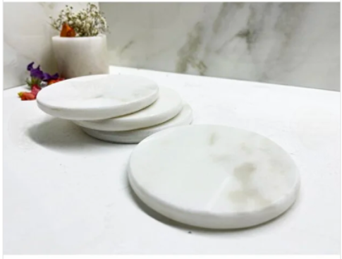 Doğal Mermer Bardak Altlığı 4'lü Yuvarlak Beyaz Mermer; Ölculer 10x10cm genişliğinde 2 cm kalınlık