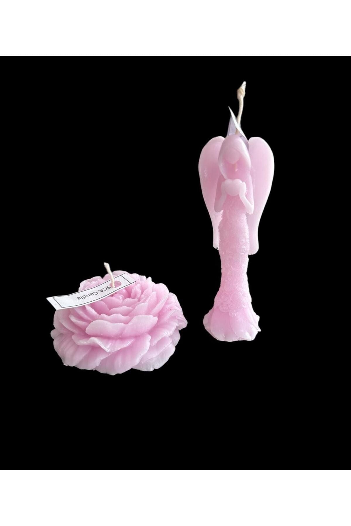 Dekoratif Şakayık ve Melek Seti Gül tekli Mum