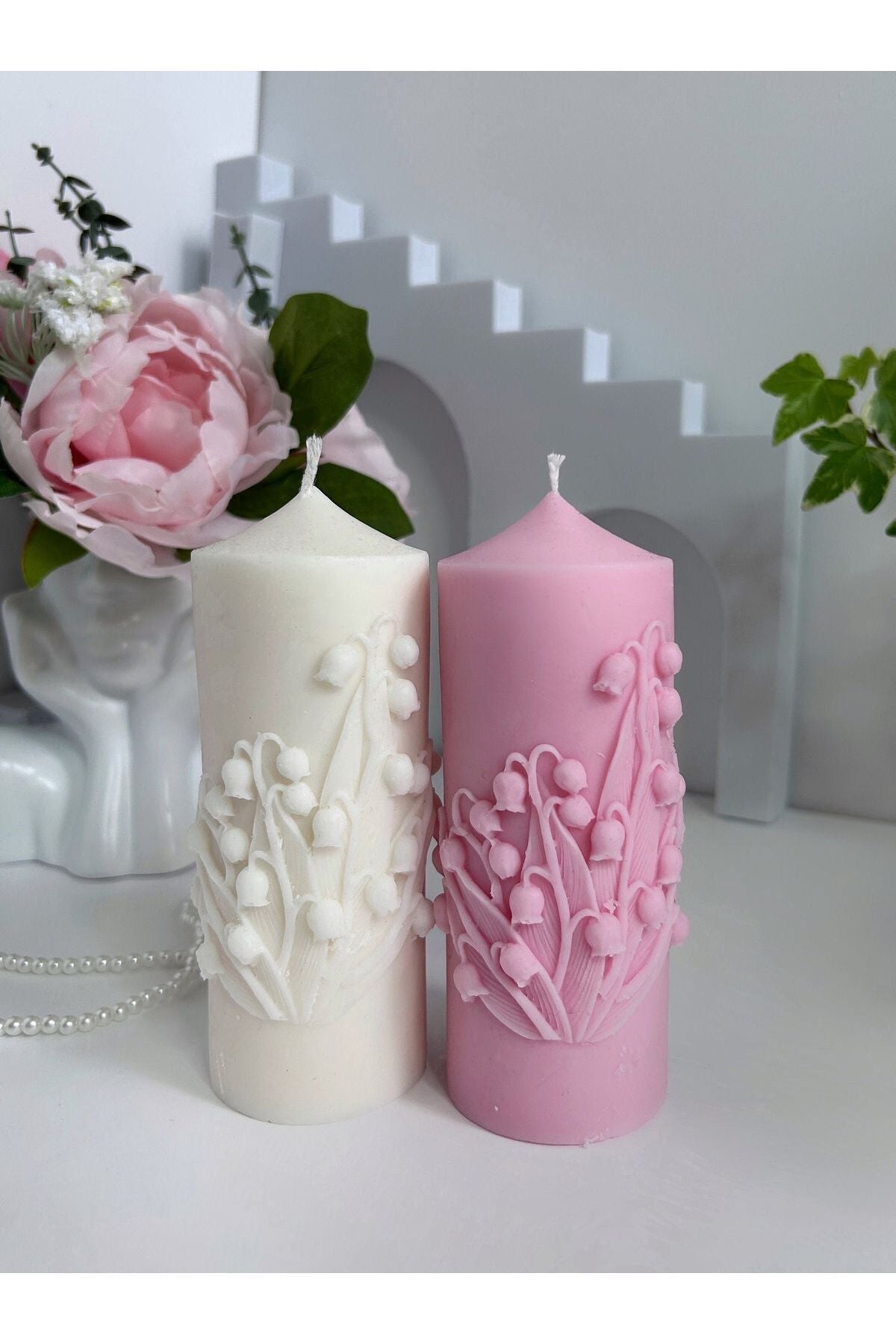 Gül Desenli Açık Kahve Renk Luks Mum Özel Mum Mum