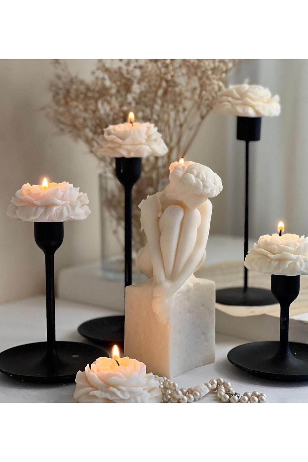 Dekoratif Beyaz Renk Şakayık Gül Tekli Mum 3 Lü