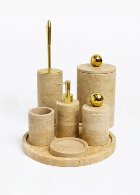 Doğal Traverten Taş 7’li Lüks Banyo Set - GOLD Top obje