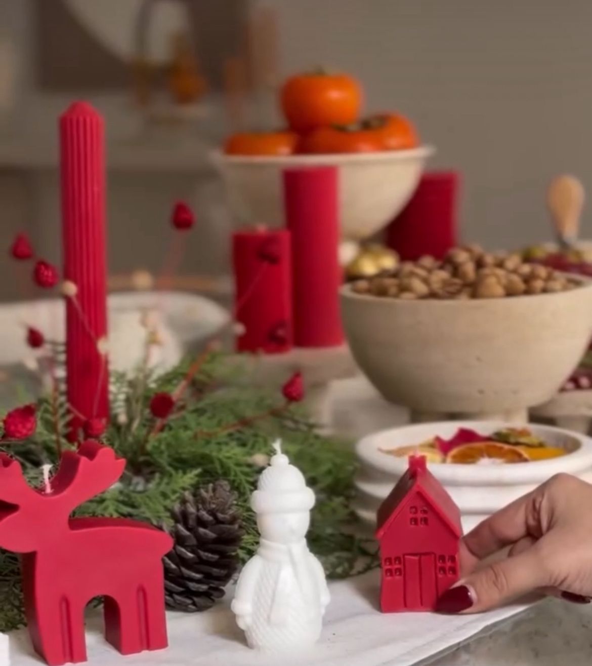 YeniYıl çokgen şamdan Mum +Çizgili Şamdan Mum +Kardan adam +Geyik Topalm 6 Parça