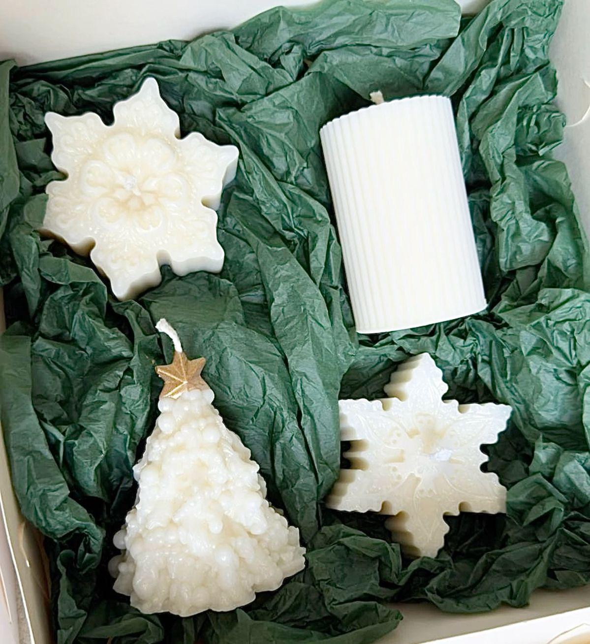 Dekoratif Mum yeni yıl Çam Ağaç +çokgen 15 cm +kar tanesi toplam 4 parça