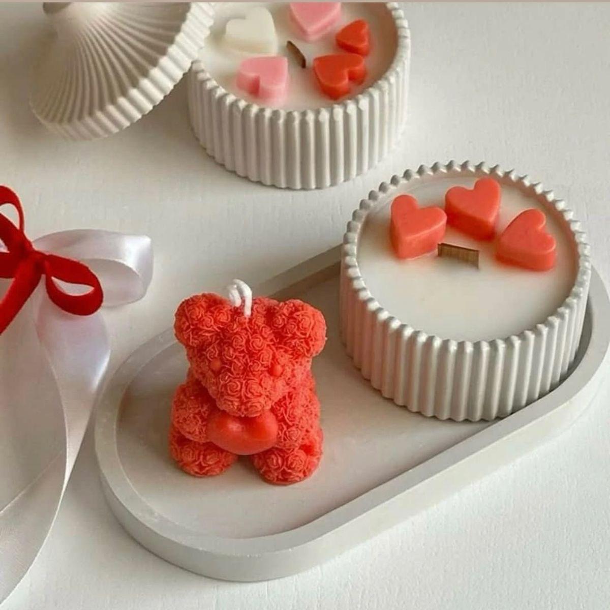 Dekoratif Mum Tepsi +Kaseli Mum +Tedi Toplam 3 parça