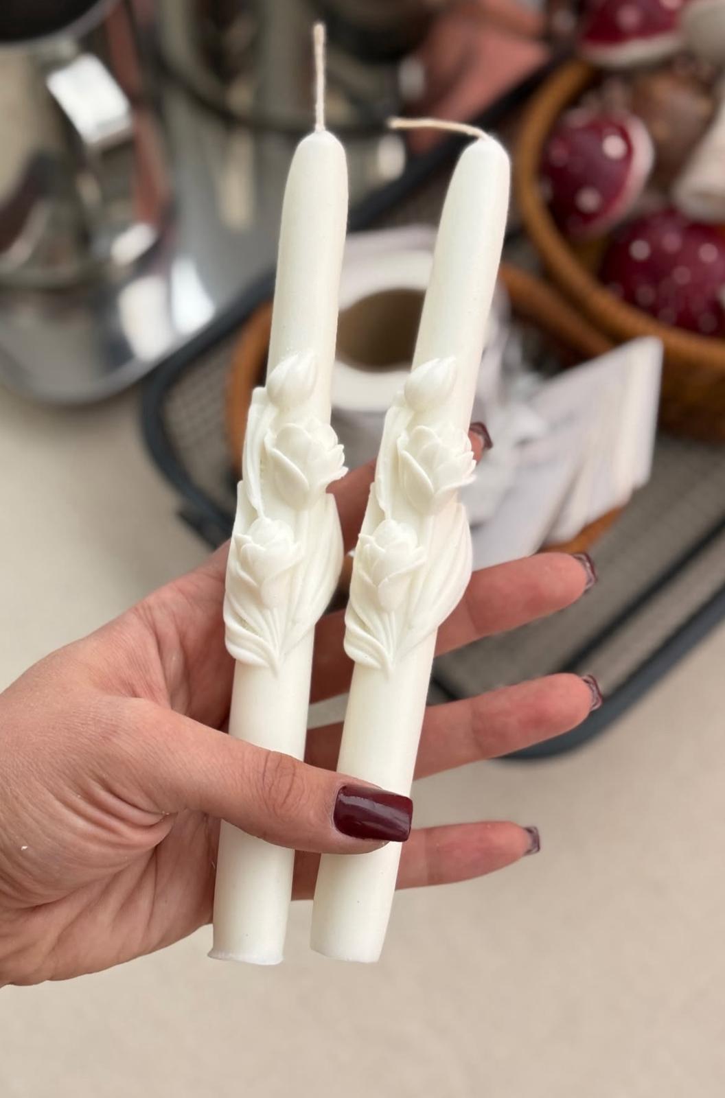 Dekoratif Mum Kırık Beyaz Şamdanlık mum çiçek hül desenli 2 kili