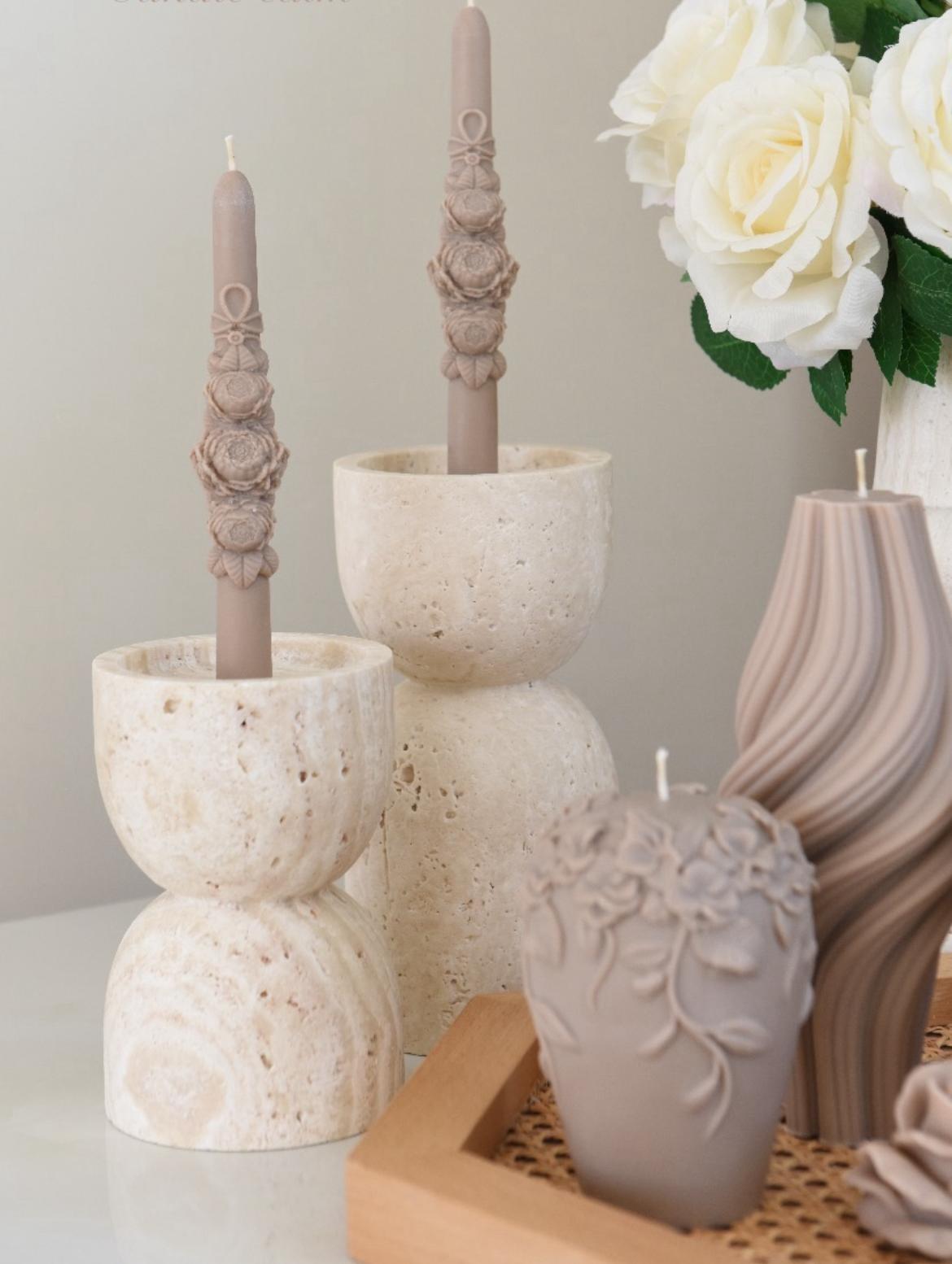 Dekoratif Mum Şamdanlık Mum gül çiçek desenli 2 kili Kahve Renk