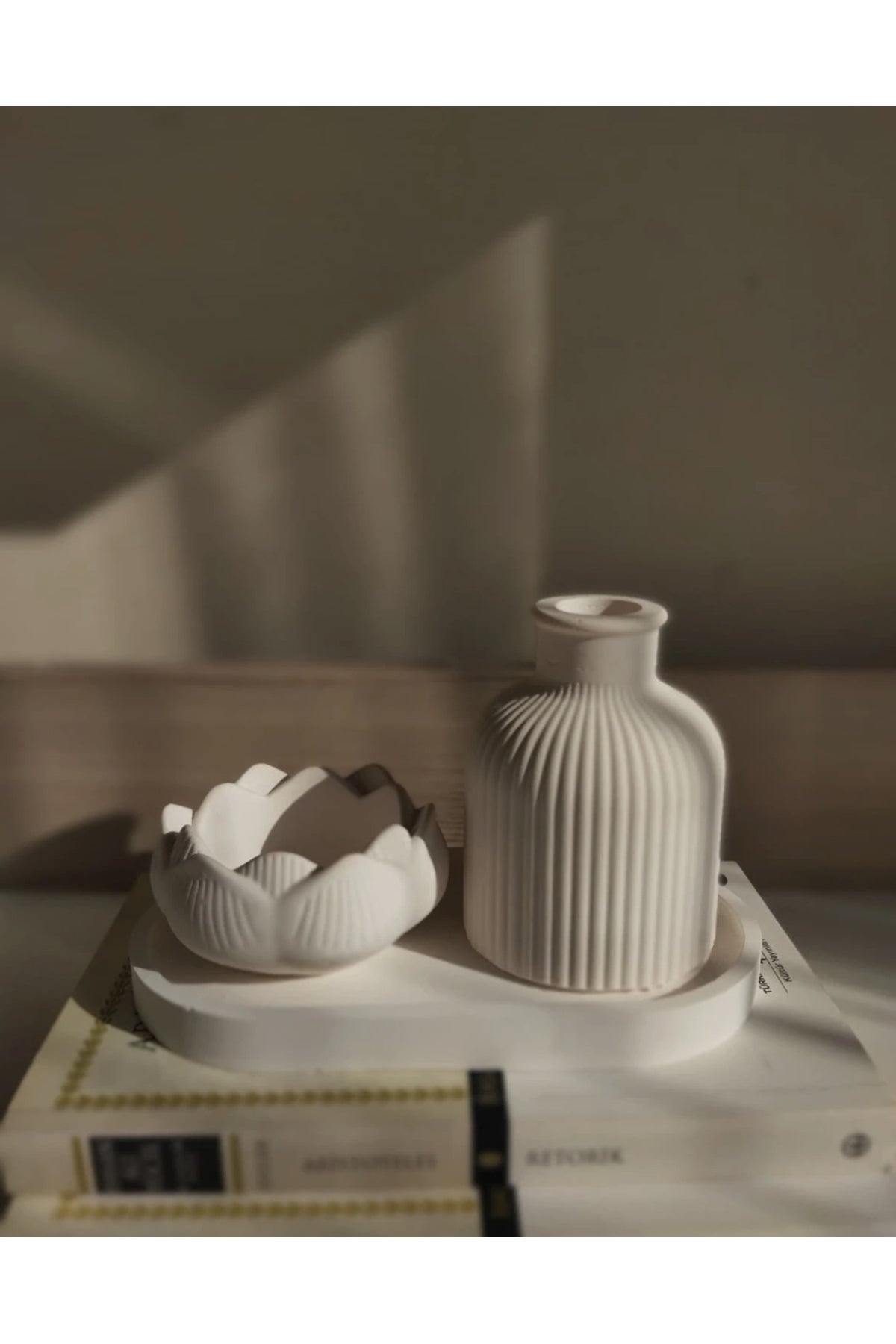 3'lü Dekoratif Set Vazo, Lotus Mum, Oval Tabak – görsel 3
