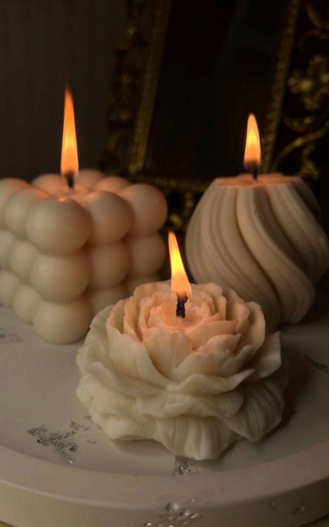 Dekoratif Gül 3'lü Mum Seti Kırık Beyaz