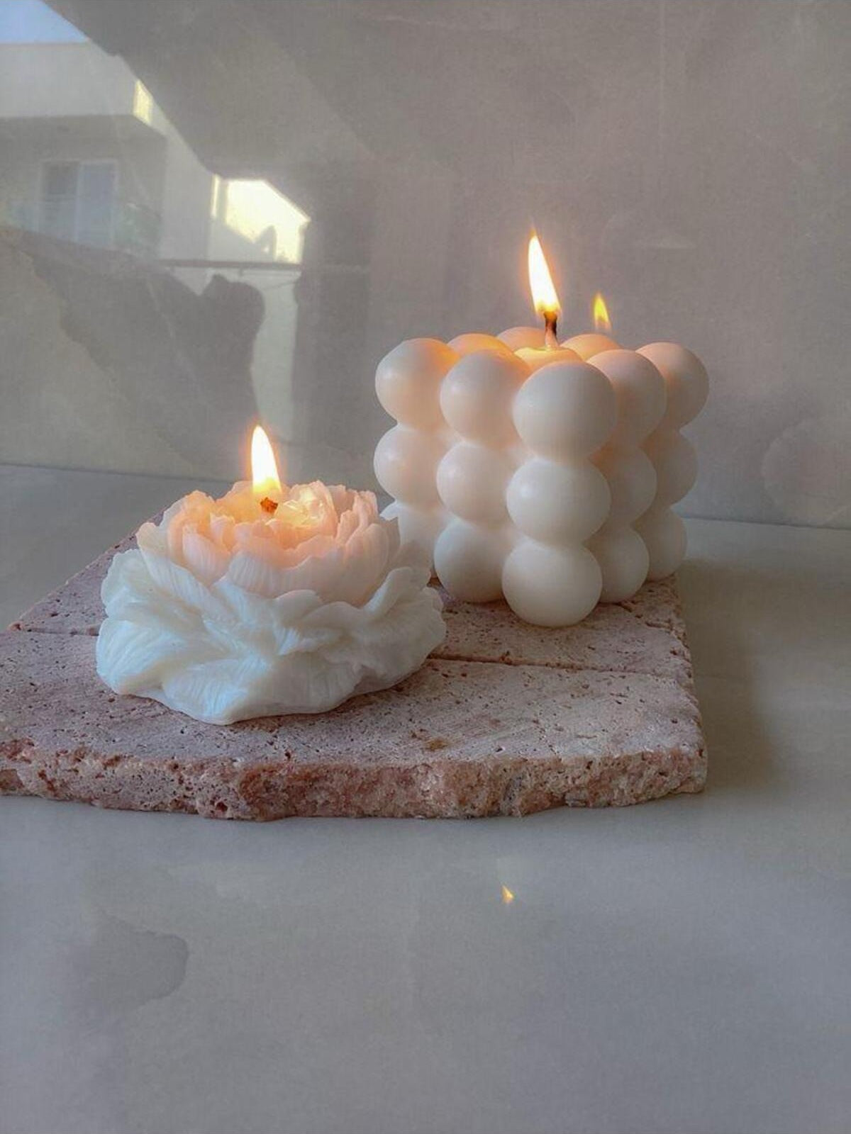 Dekoratif Mum Bubble + Şakayık Gül 10 cm Toplam 2 Parça