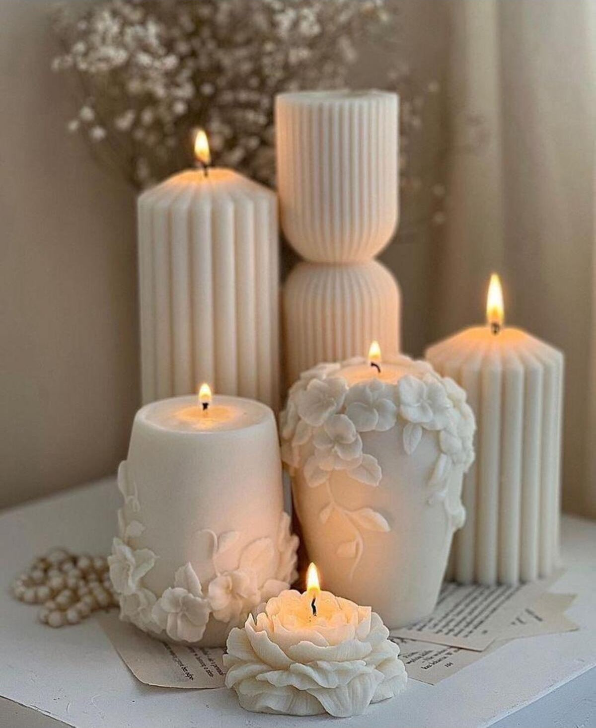 Dekoratif Mum Büyük Gül 2 Adet + Çokgen 20 cm + 15 cm + Çokgen 20 cm + Şakayık Gül 6'lı Set