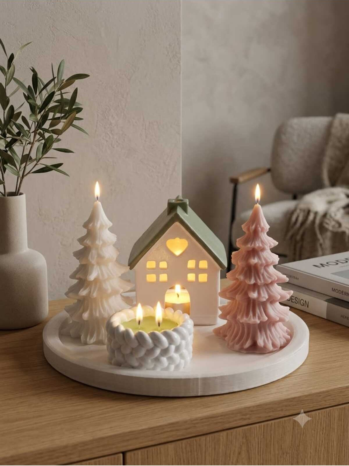 Dekoratif Mum Çam Ağacı ve Tepsi ve Ev ve Mumluk 5'li Set