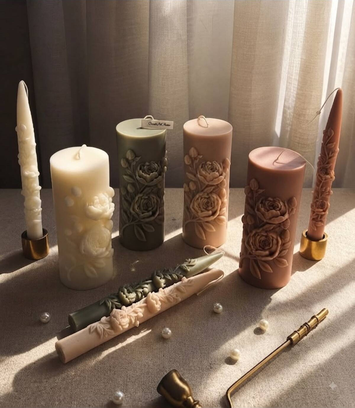 Dekoratif Mum Çiçek Desenli Kırık Beyaz Stand Tekli