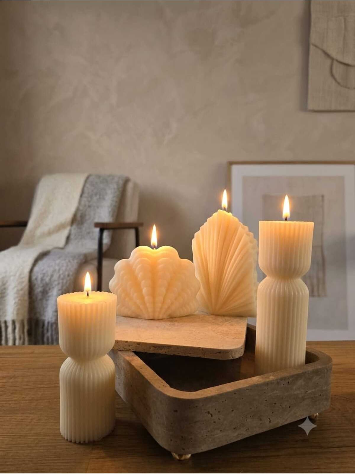 Dekoratif Mum Çokgen 20-15 cm ve Deniz Kabuğu ve Palm 4'lü Set Kırık Beyaz
