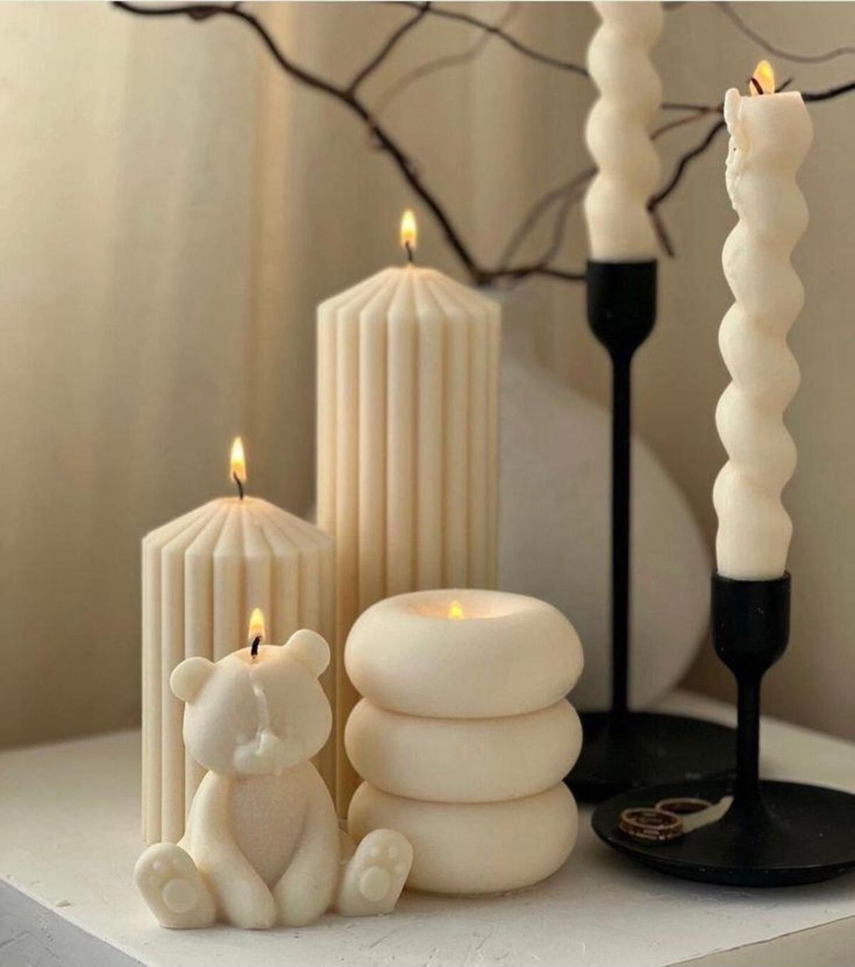 Dekoratif Mum Çokgen + Tedi + Burgu Şamdanlık Mum Toplam 5 Parça