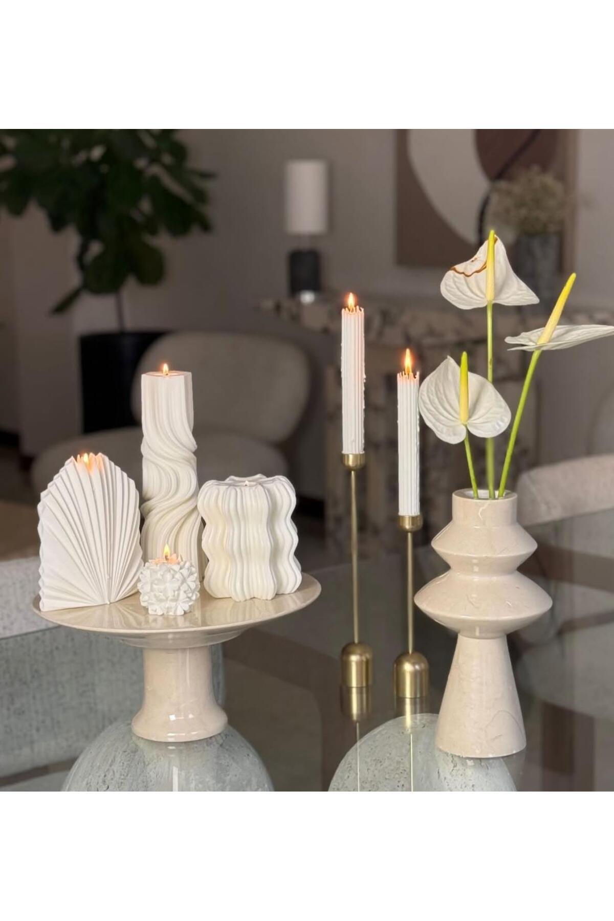 Dekoratif Mum Palm ve Dalga ve Gül ve Dalga ve Çizgili Şamdan Mumu 6'lı Set – görsel 3