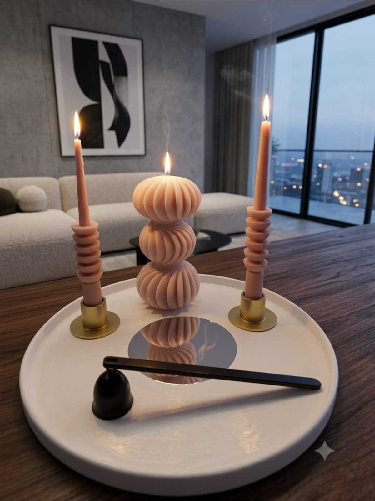 Dekoratif Mum Şamdan Mumu Yarı Yuvarlak Top 2 Adet ve Üçlü Daire 3'lü Set Pudra Krem