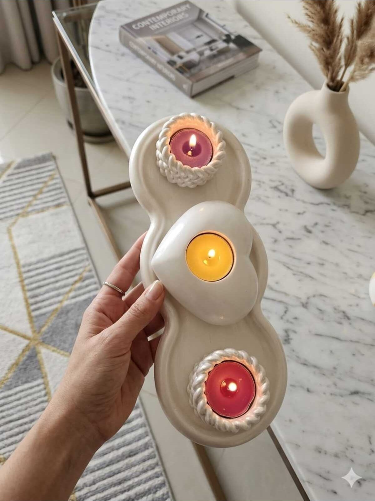 Dekoratif Mum Tepsi ve 3 Tane Mumluk 4'lü Set