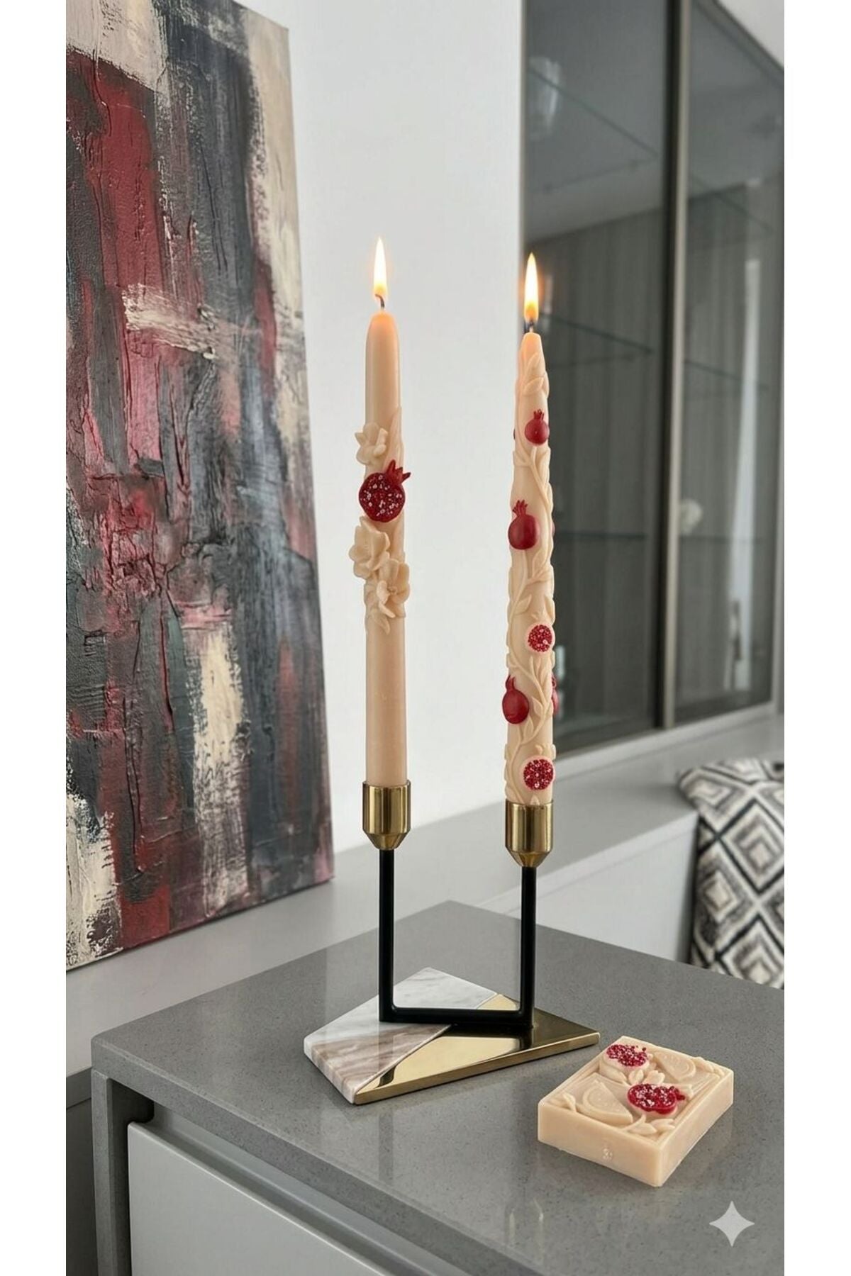 Dekoratif Soya Mum Şamdanlık Nar 2'li 20x2,2 cm – görsel 2