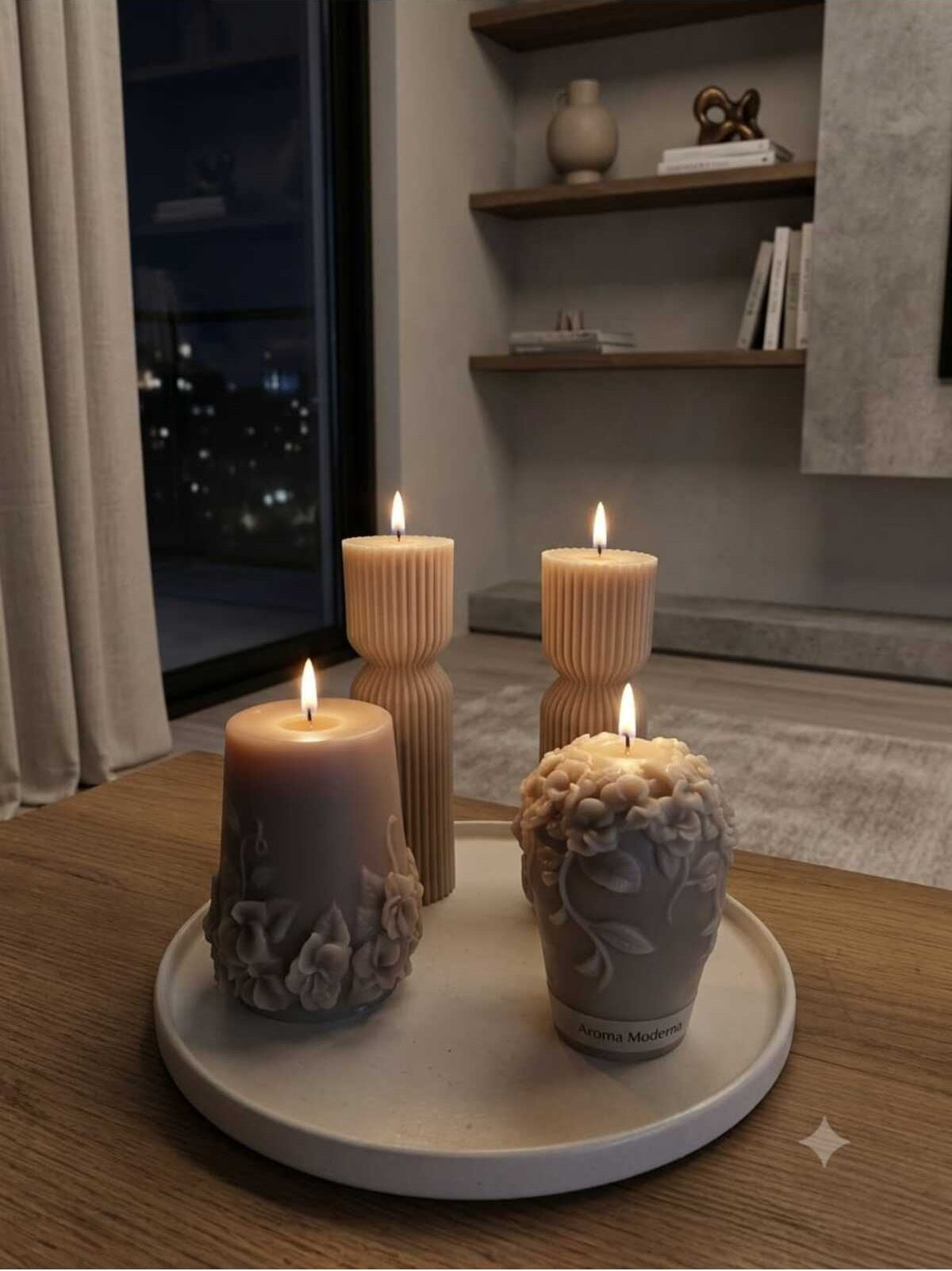 Şamdan Mumu Dekoratif Mum Çiçek 2 Adet ve Çokgen20 ve 15 cm Kum ve Tepsi