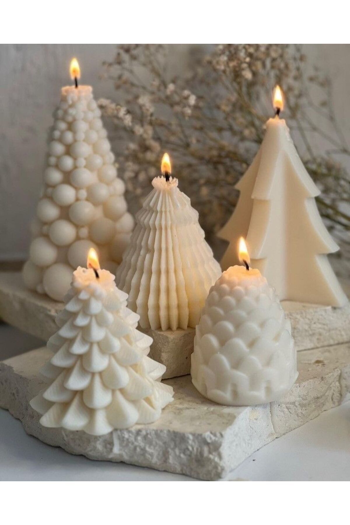 Yılbaşı Temalı Dekoratif Çam Ağacı Mum 10x9 cm Beyaz – görsel 6
