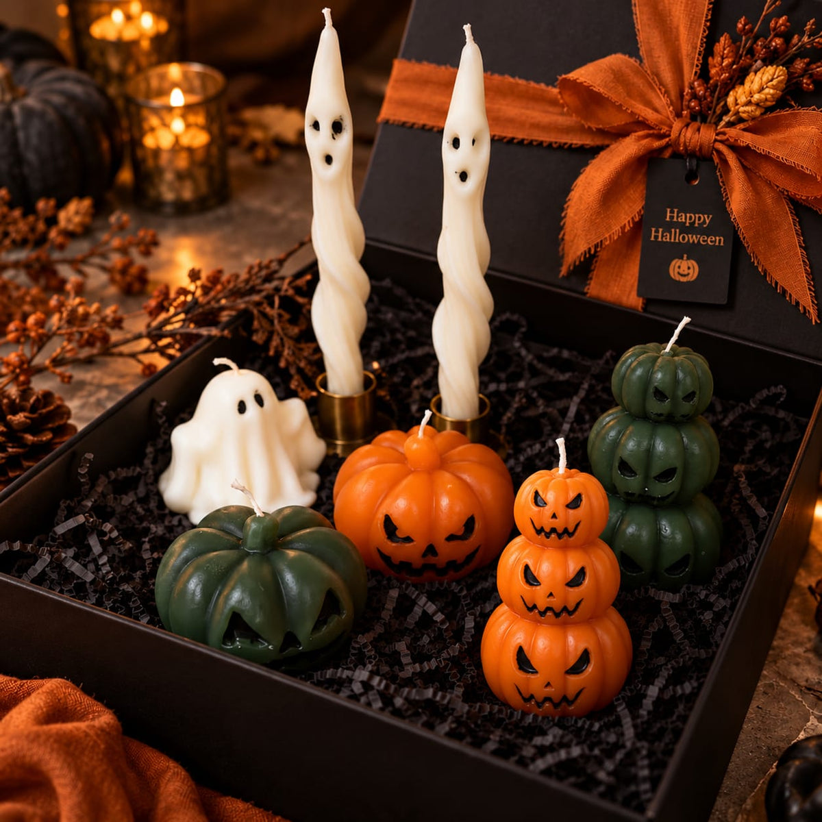 Dekoratif mum Helloween Hayalet+Kabak +Şamdanlık Mum toplam 7 parça