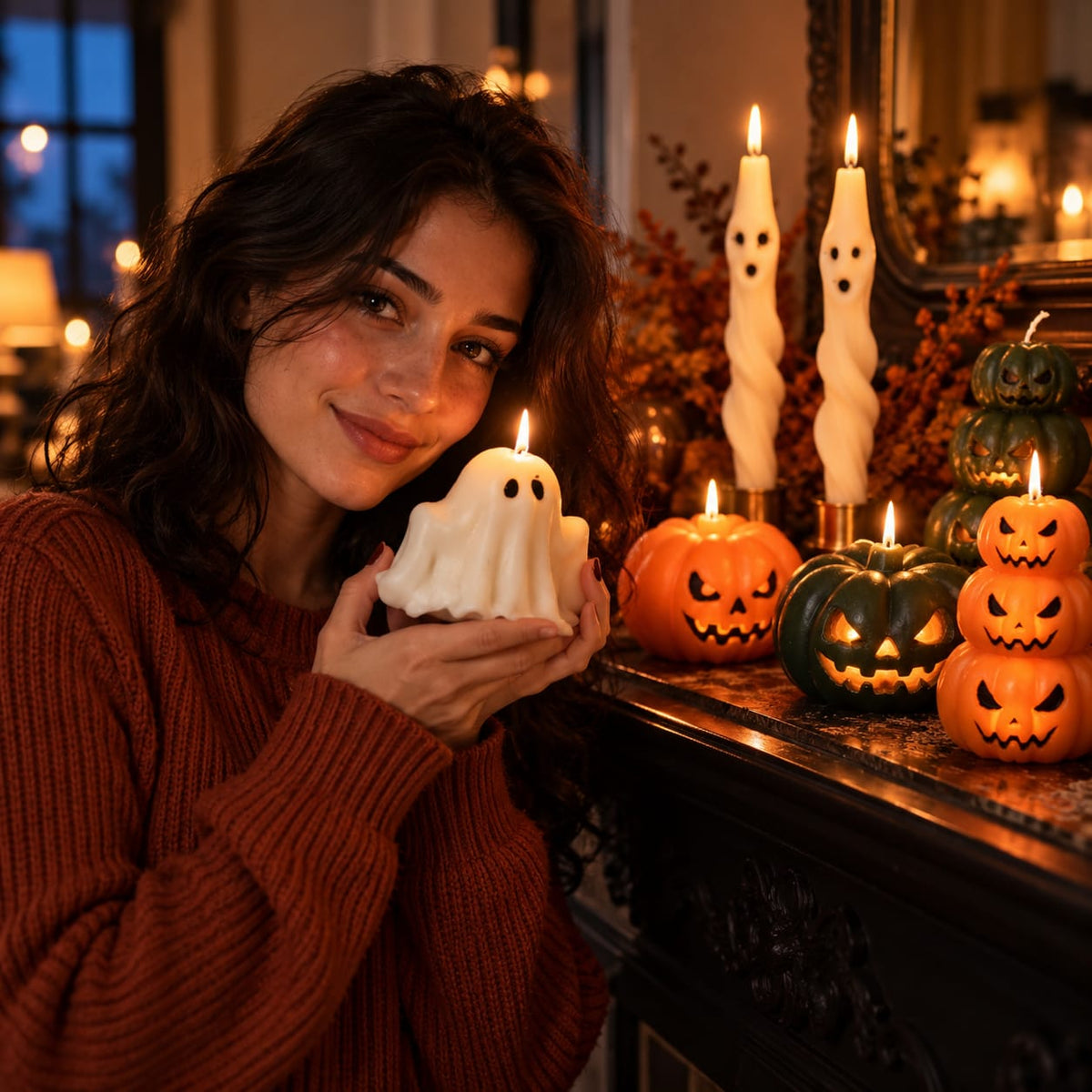 Dekoratif mum Helloween Hayalet+Kabak +Şamdanlık Mum toplam 7 parça