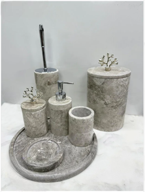 Gri Mermer Yuvarlak Banyo Seti Takımı 7 Li Gümüş Mercan Objeli