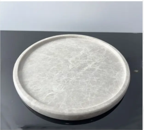 Doğal Bej Mermer Yuvarlak Tepsi Spider Beige, Damarlı Bej Mermer, Desenli Mermer; Boyut/Ebat 28 x 28cm