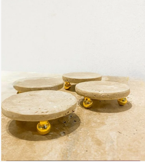 traverten yuvarlak mermer bardak altlığı GOLD top ayak 4 ADET