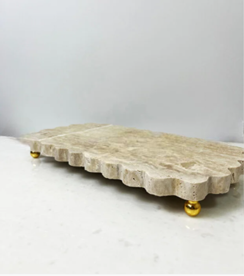 Doğal Traverten Mermer Gold Ayaklı Sunumluk, Dekoratif Sunum Kenar Detaylı, Supla