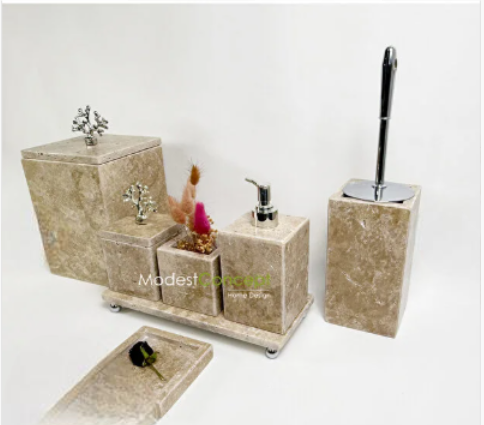 Traverten Banyo Seti Kare 7 Parça Gümüş Mercan Aksesuarlı