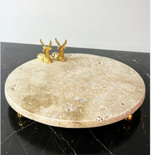 Traverten Mermer Yuvarlak Sunum, Geyik Objeli 28cm Top Ayaklı Sunum