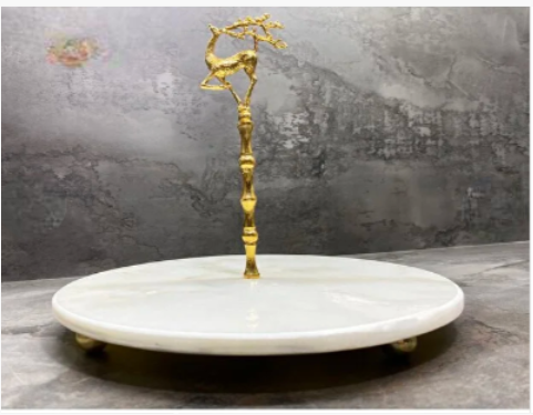 Doğel Mermer Servis Sunum Tabağı Gold Geyik Çubuklu