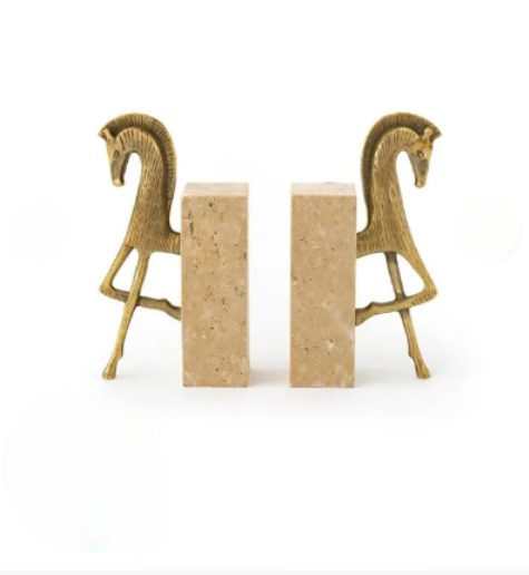 Traverten taş ve pirinç at figürlü kitap tutucu