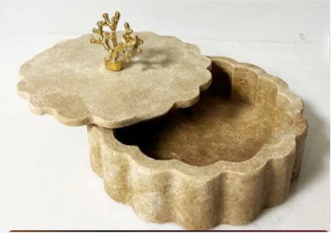 Traverten Kase Kenar Detaylı Kapaklı 20cm, Traverten Kase, Gold Mercan Aksesuarlı Kase