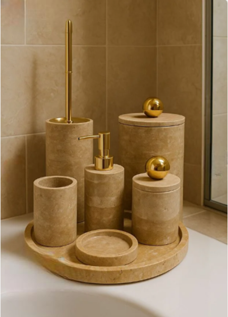 Doğal Traverten Taş 7’li Lüks Banyo Set - GOLD Top obje