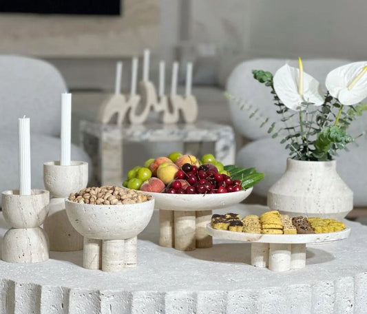 Ivory Traverten Kase, Traverten Dekoratif Kase, Traverten Tabak 26cm Silindir Ayaklı Tepsi