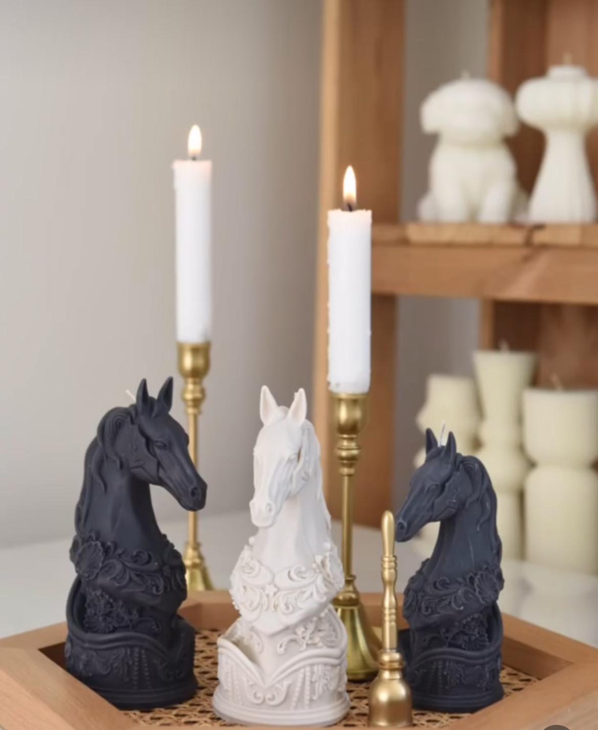 Dekoratif Mum Siyah At2 Adet +Beyaz At 1 Adet +Şamdanlık Mum Toplam 5 Parça