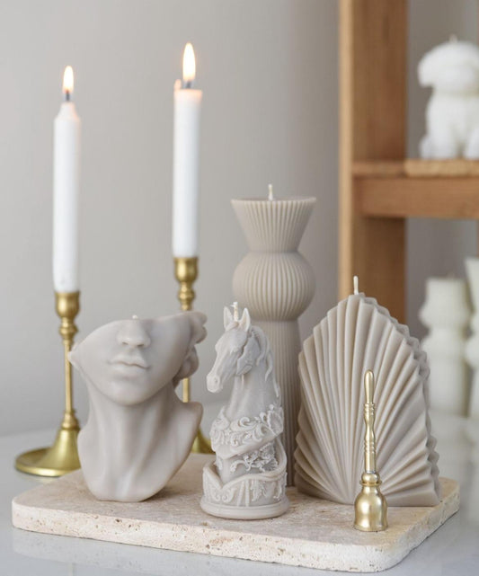 Dekoratif mum Gri Renk At +Top mode Mum +Lamdan Mum +Palm toplam 5 Parça