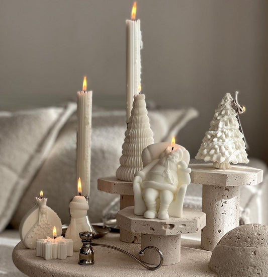 Dekoratif mum Kar Tanesi +Şamdanlık Mum +Çam ağaç+noel Baba Toplam 7 Parça
