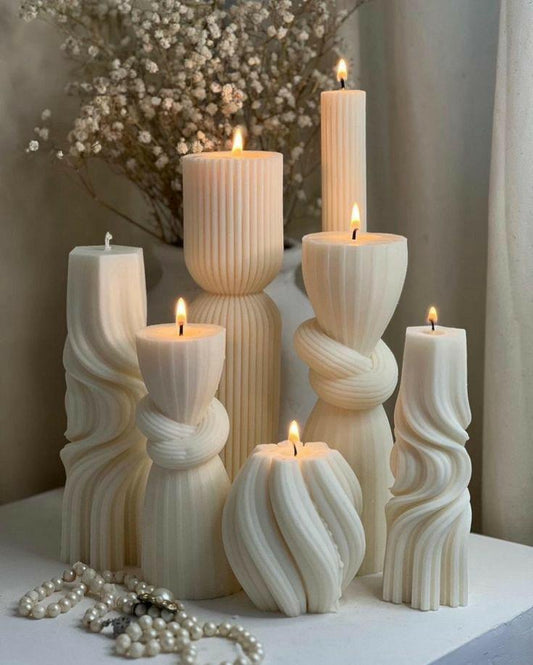 Dekoratfi Mum Dalga model 20-15 Cm Duyum +çokgen Yuvarlak dalga Şamdan Mum Toplam 7 Parçaplam