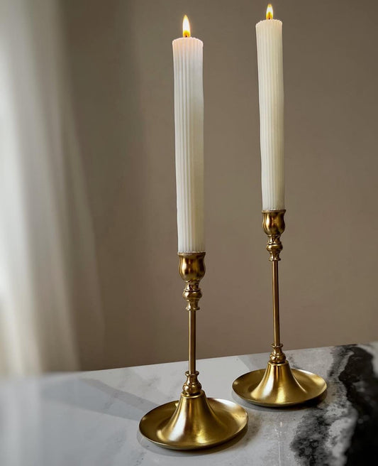 Dekoratif Mum Çizgili Şamdanlık Mum  Beyaz Renk 2 kili