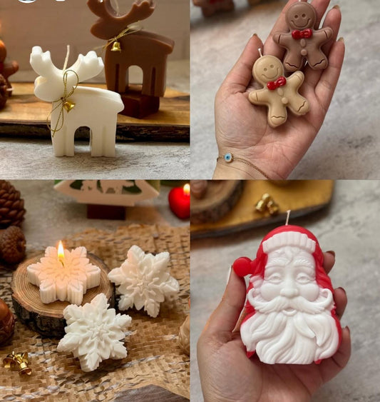 Dekoratif mum Yeni yıl Kar tanesi 1ADET  +bisküvili Adam +Geyik+ Noel Baba toplam 6 parça