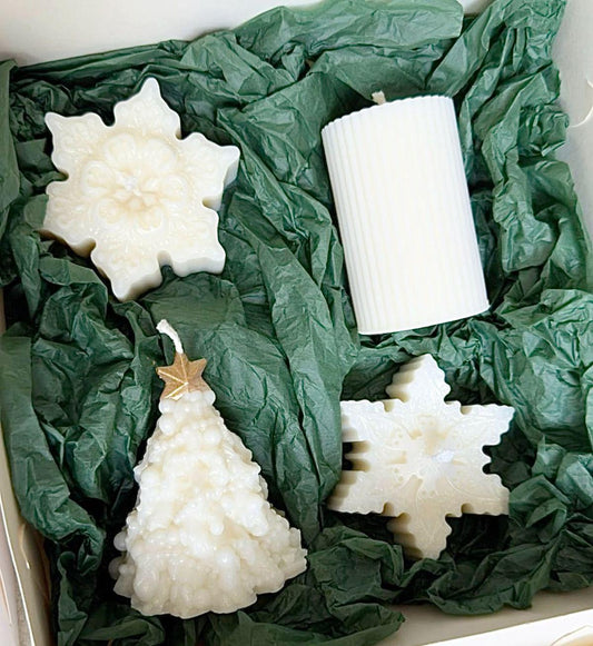 Dekoratif Mum yeni yıl Çam Ağaç +çokgen 15 cm +kar tanesi toplam 4 parça