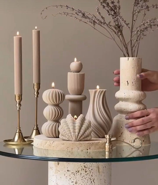 Dekoratif Mum Tek toplu +üçlü yuvarlak +Deniz kabuğu+Vazo+Şamdanlık mUm Topalm 6 parça