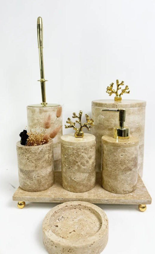 Traverten Banyo Seti Yuvarlak 7 Parça Gold Mercan Aksesuarlı