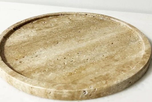 Doğal Traverten Yuvarlak Tepsi, Mermer Düzenleyici 28cm VeinCut