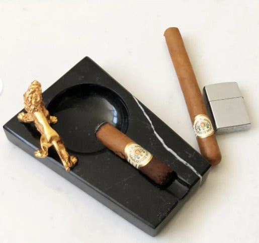 Doğal Siyah Mermer Puro Küllüğü Pirinç Aslan Figürlü Mrm0094