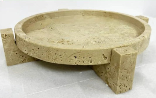 Doğal Traverten Mermer Tepsi, Banyo Düzenleyici, Sunum Tabağı Yuvarlak Servis Tabağı Ayaklı