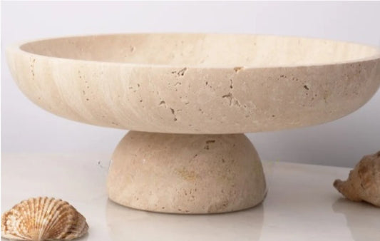 Ivory Traverten Ayaklı Kase, Traverten Dekoratif Ayaklı Kase, Traverten Tabak 26cm